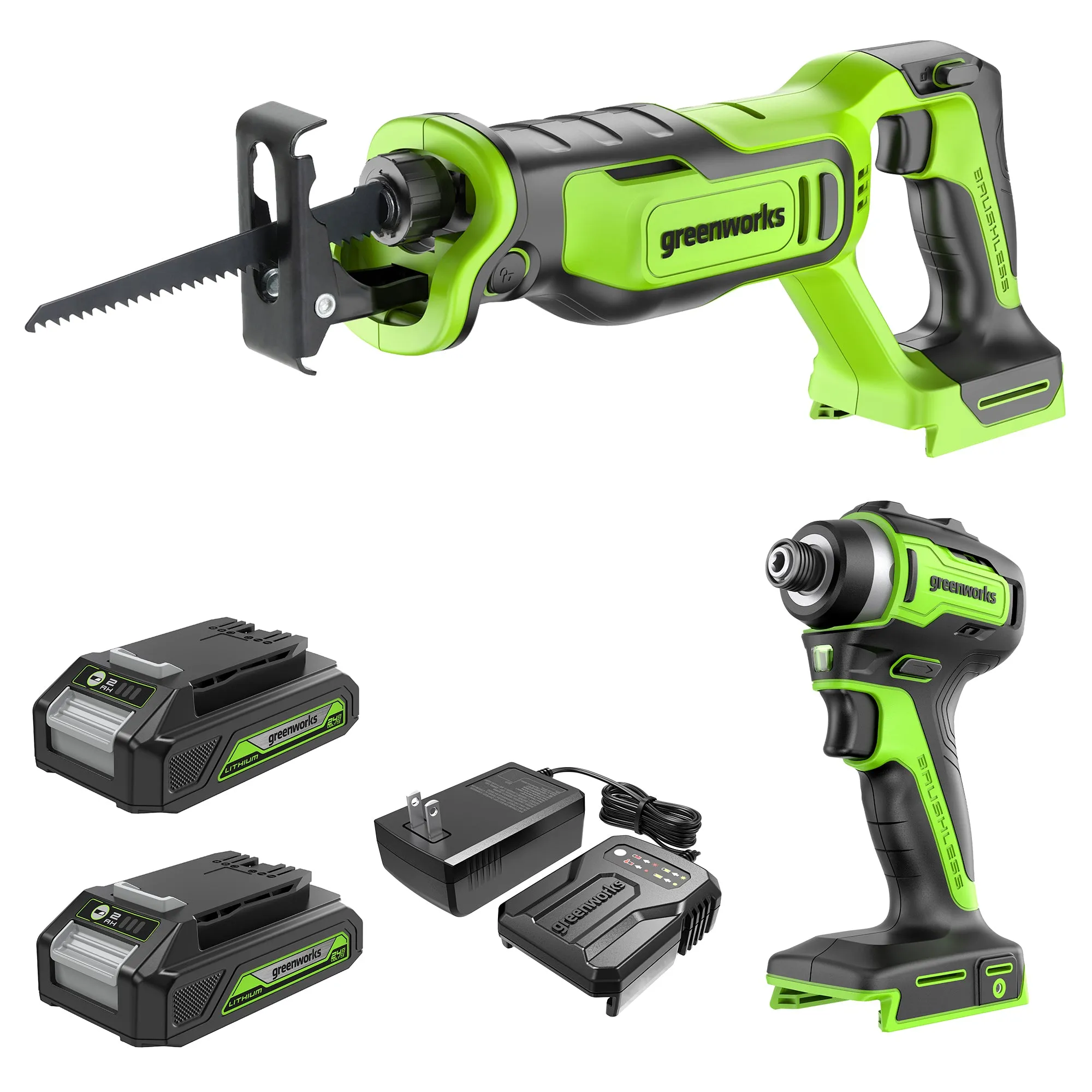 24V Brushless Impact Driver & 1" Recip Saw Combo Kit w/ (2) 2.0Ah Batteries & Charger