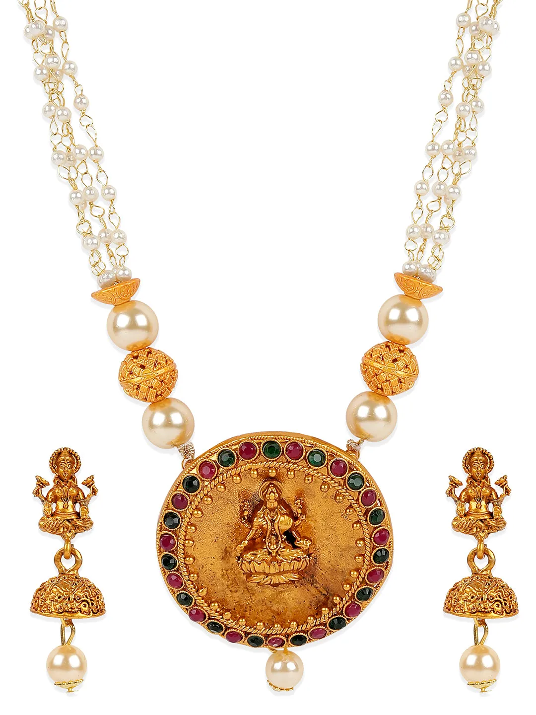 Antique Matte Gold Finish Goddess Laxmi Green Stone Studded Temple Jewellery Set - Anikas Creation