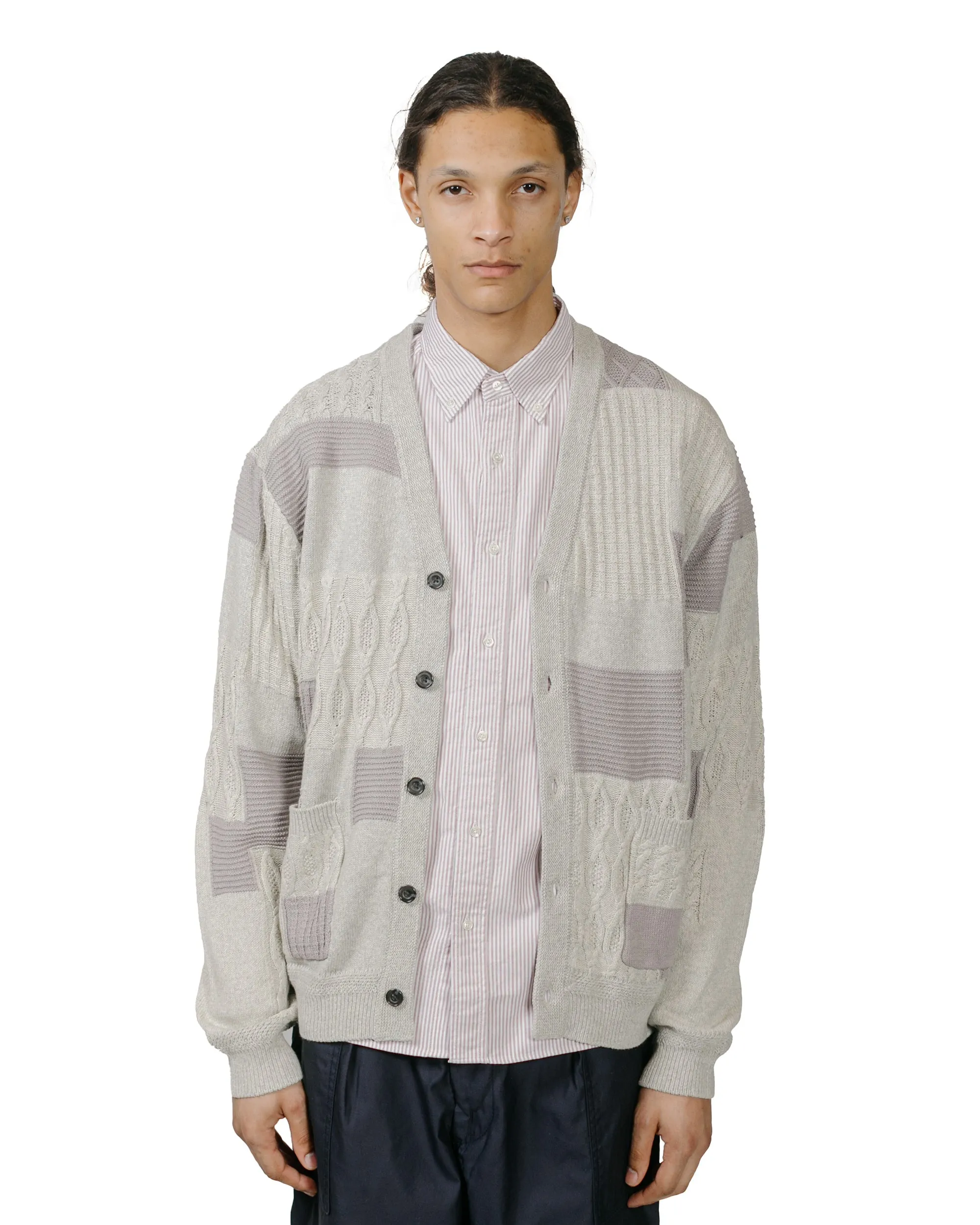 Beams Plus Cardigan Patchwork Like Jacquard Grey