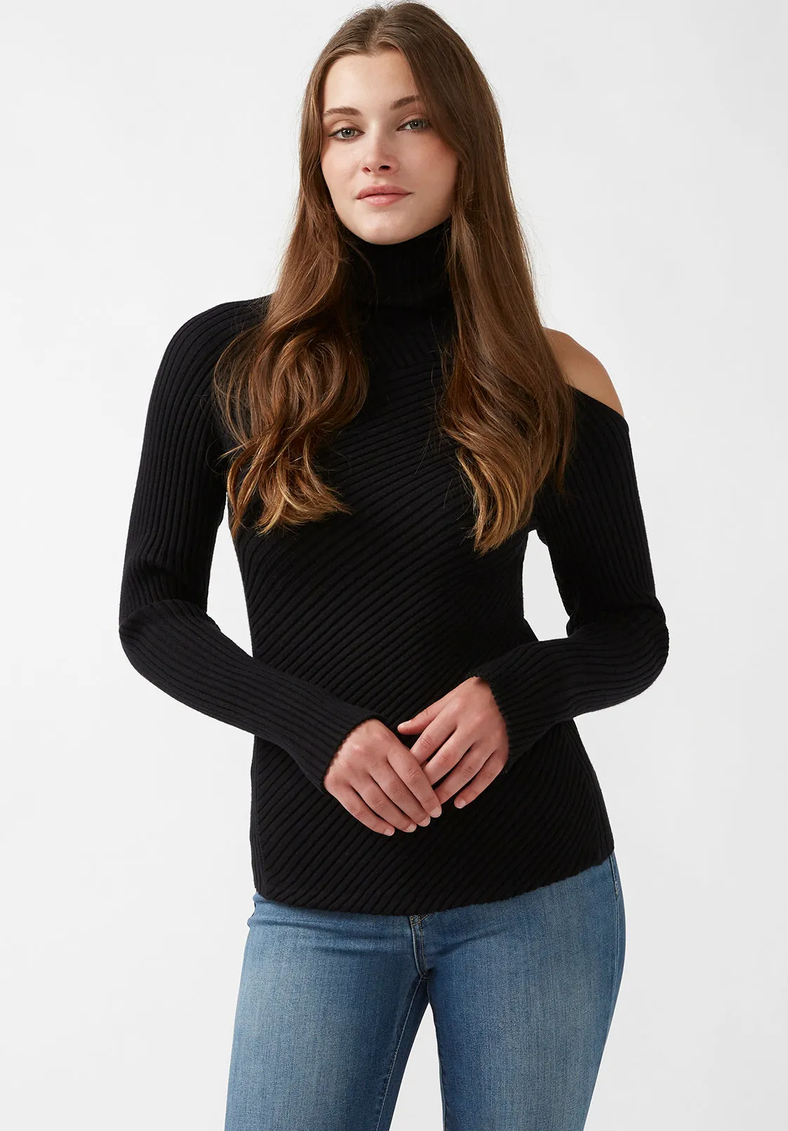 Beronia Women's Long Sleeve Cut Out Shoulder Sweater in Black - SW0037H