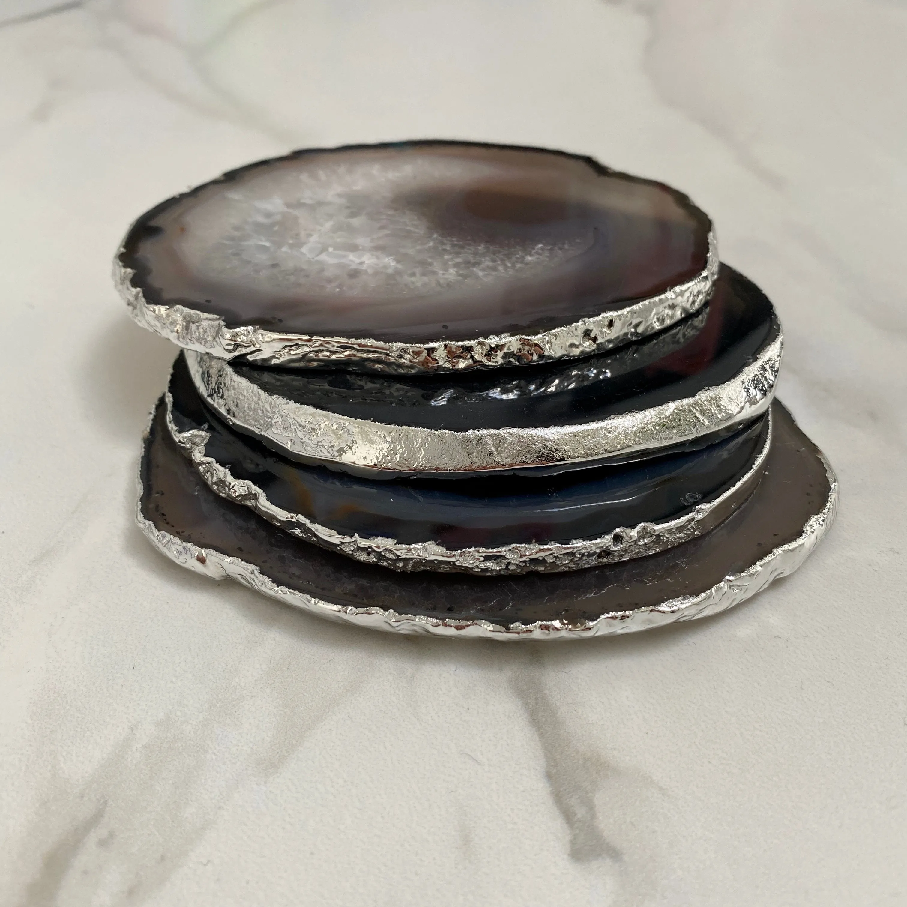 Black Agate Crystal Coasters with Silver Plated Edge