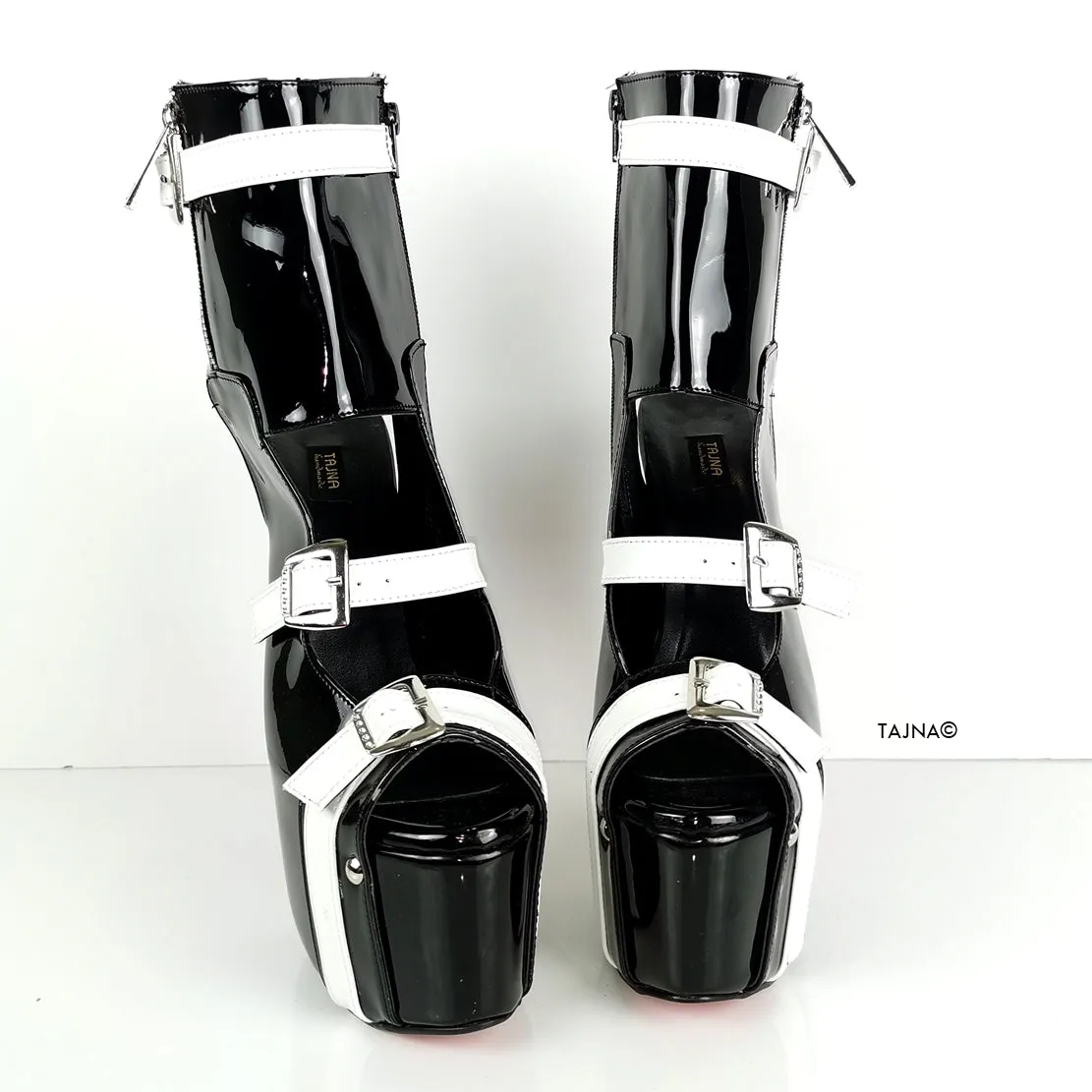 Black White Patent Belted Ankle Heels