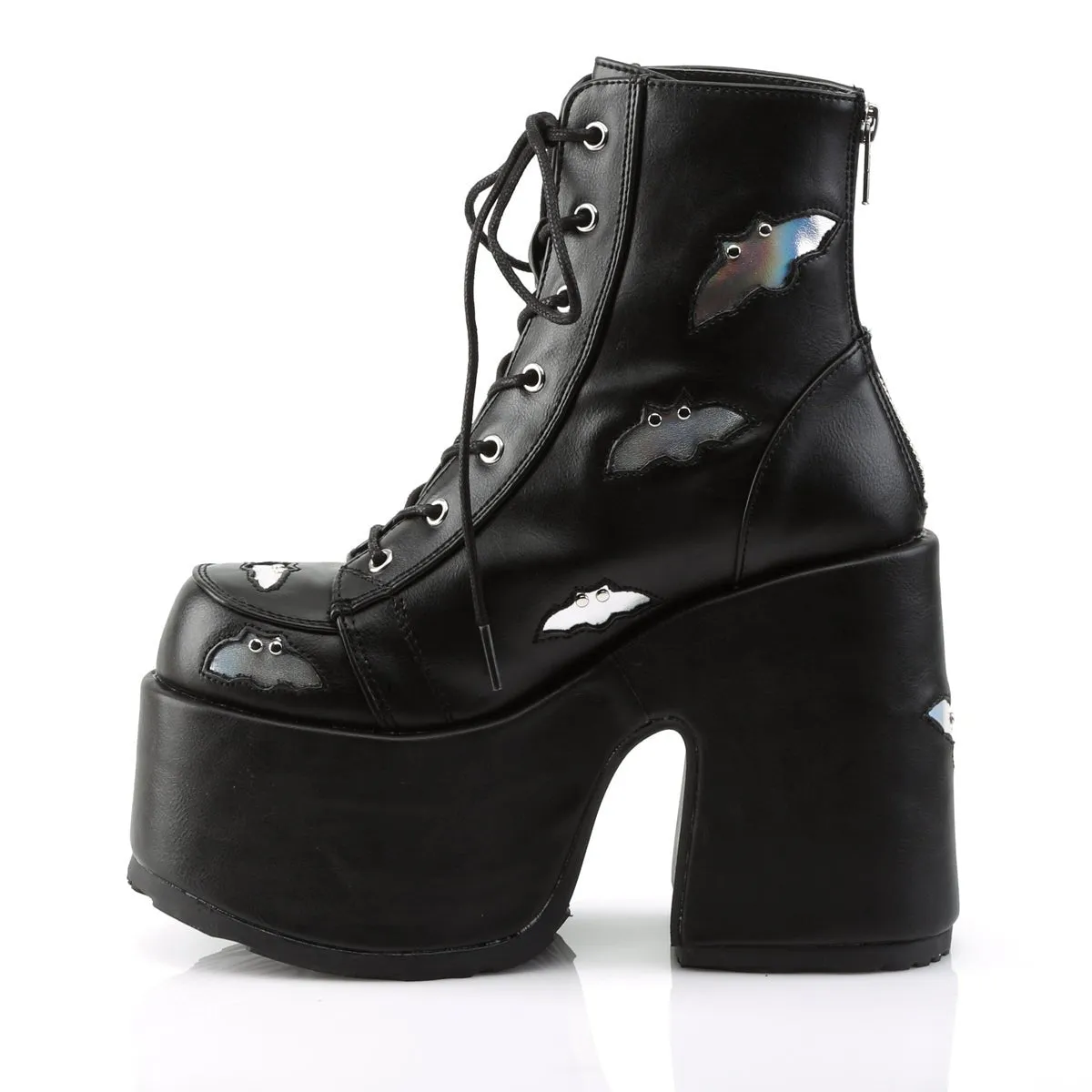 Demonia CAMEL-201 | Black & Silver Holo V. Leather Ankle Boots