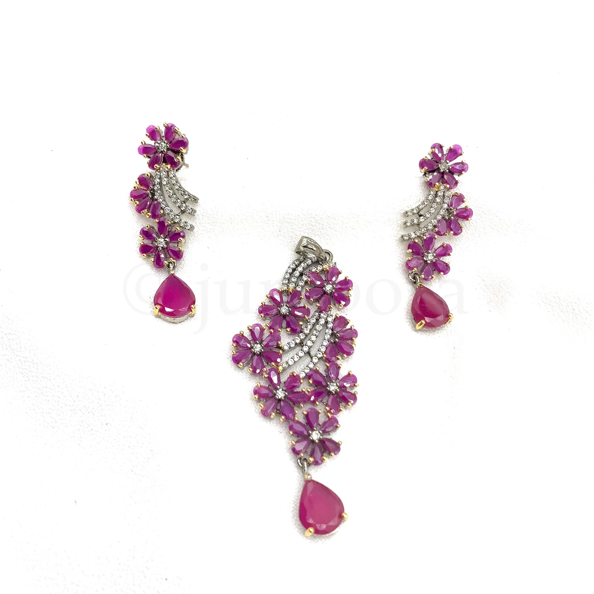 Gorgeous Victorian Ruby Red Zircon (CZ) Stone Floral Pendant Set