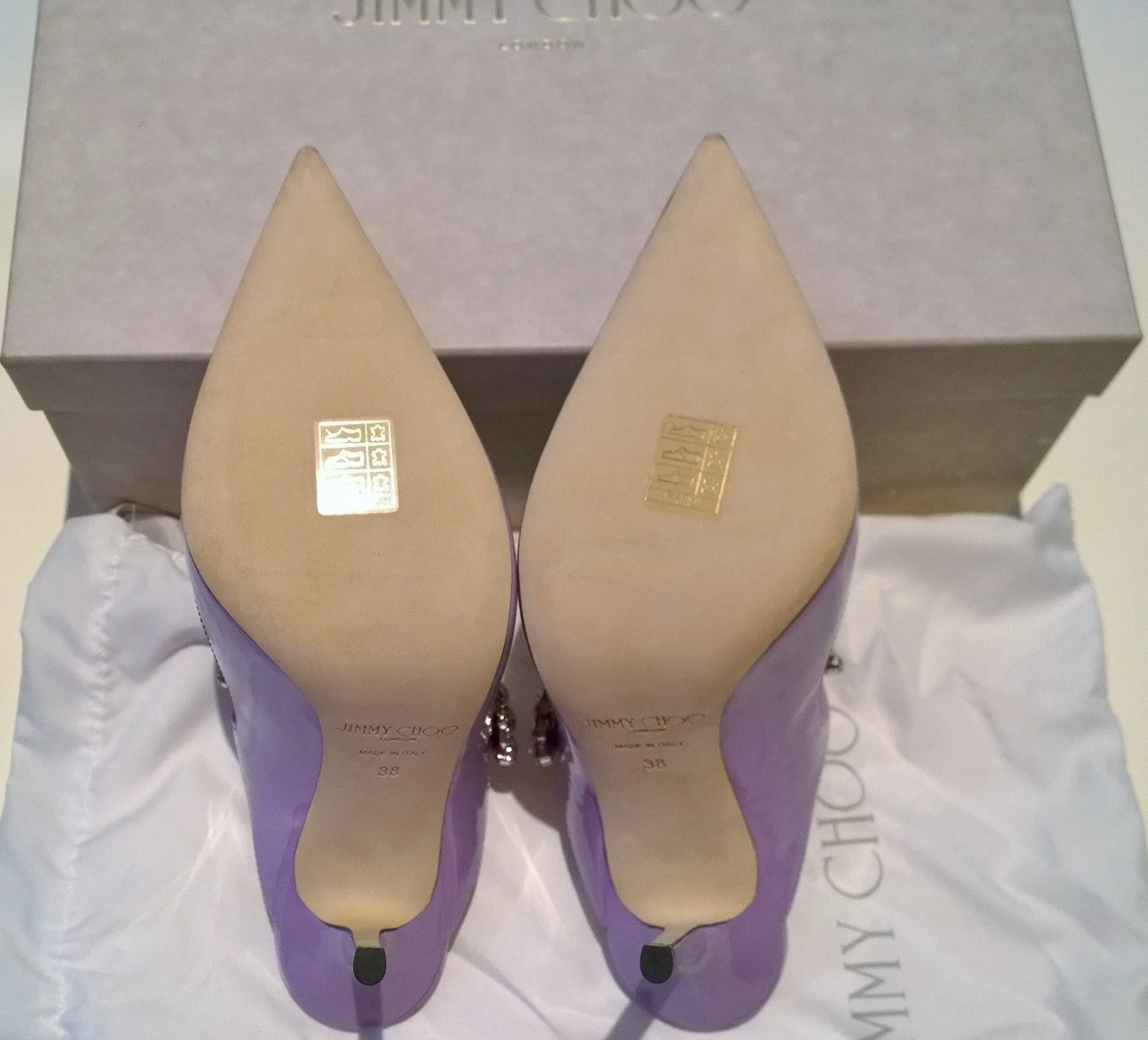 Jimmy Choo Bing 100 Wisteria Aurora Lavender Patent Leather Heels Mules