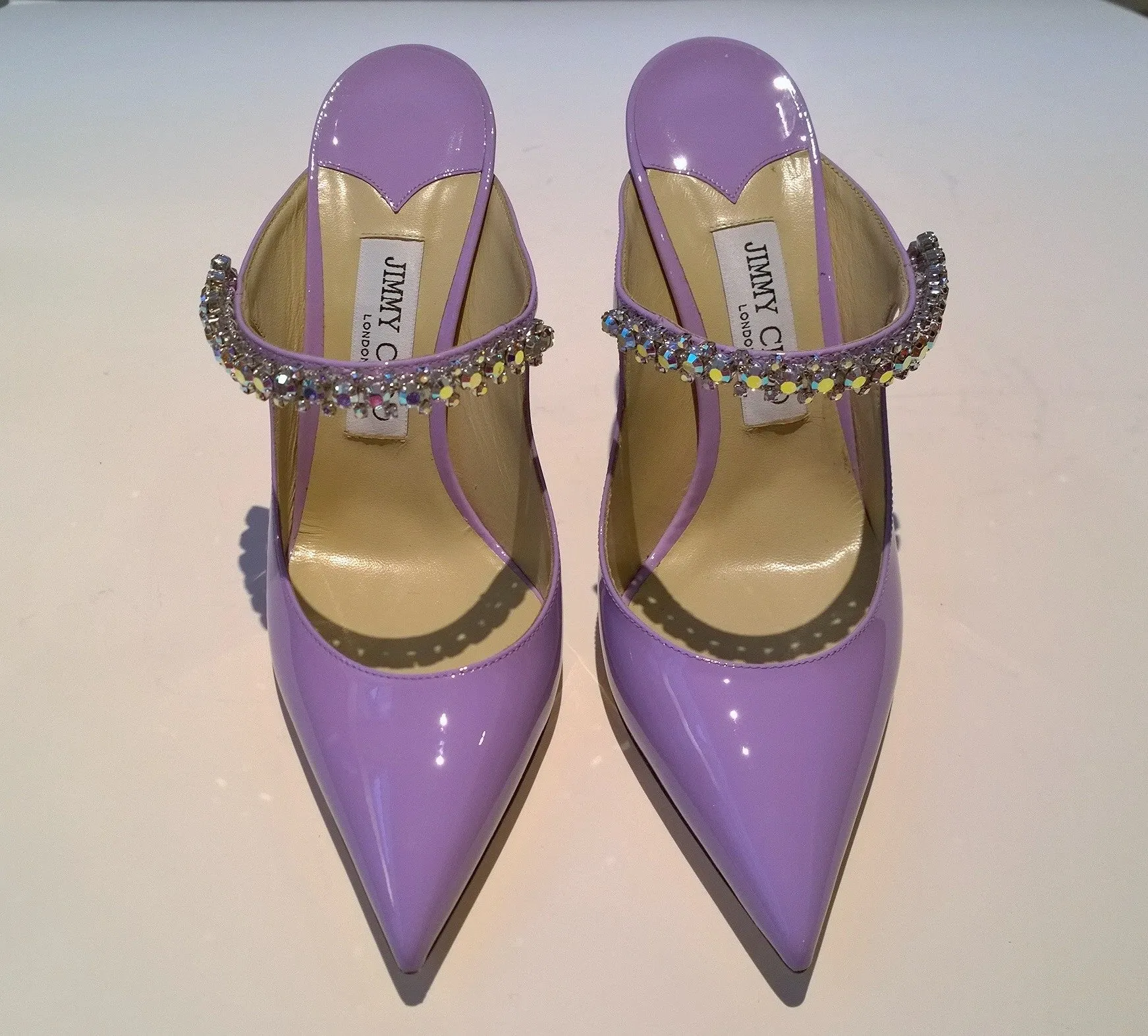 Jimmy Choo Bing 100 Wisteria Aurora Lavender Patent Leather Heels Mules