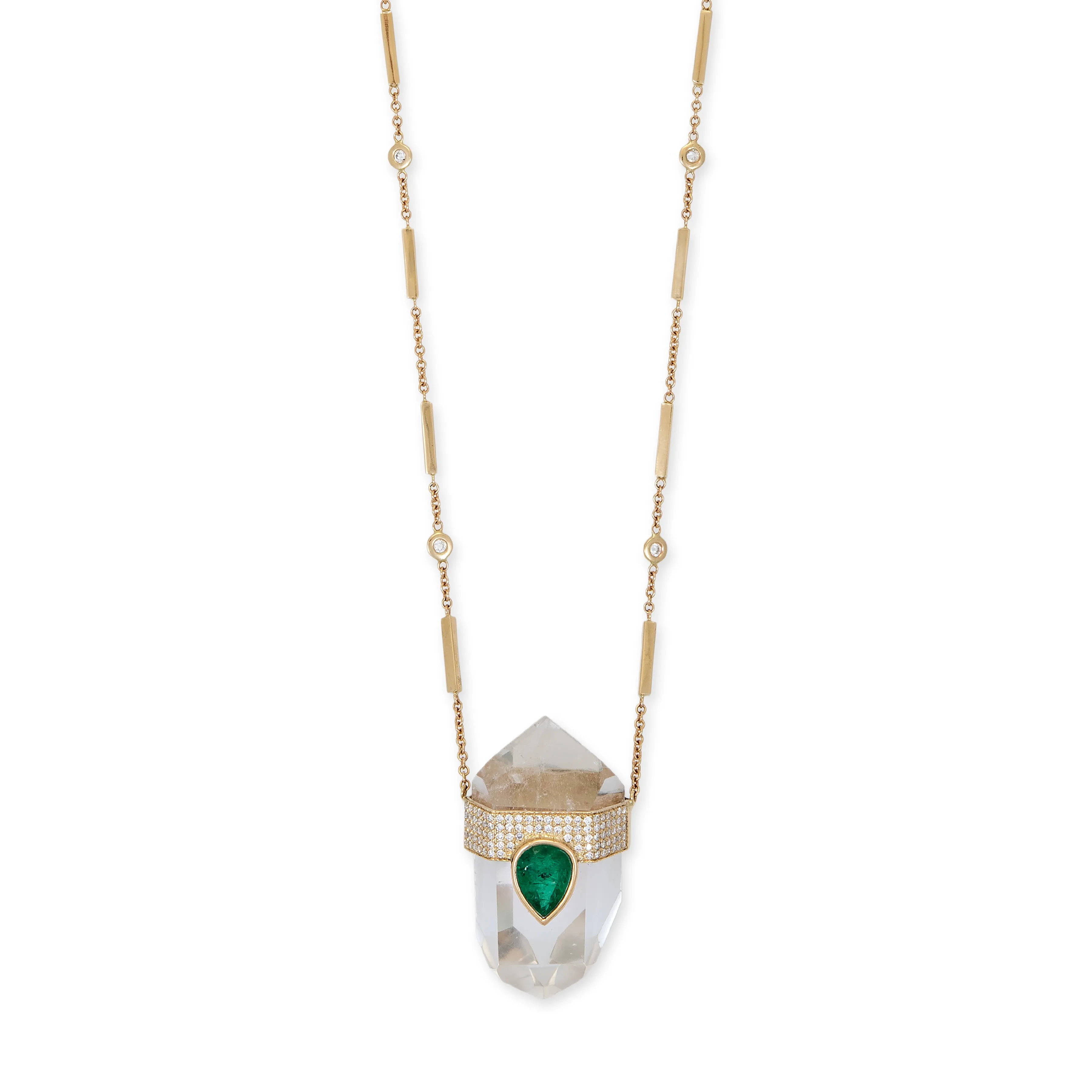 LARGE PAVE EMERALD TEARDROP CAP   CLEAR QUARTZ CRYSTAL NECKLACE