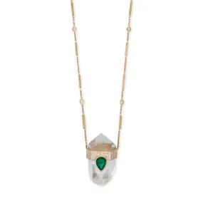 LARGE PAVE EMERALD TEARDROP CAP   CLEAR QUARTZ CRYSTAL NECKLACE