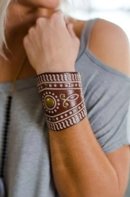 Leather Cuff Bracelet Diamond Shaped Tooled Genuine Cowhide Brass Studded Boho Adjustable Size Snap Closure Cowgirl Bohemian Southwestern