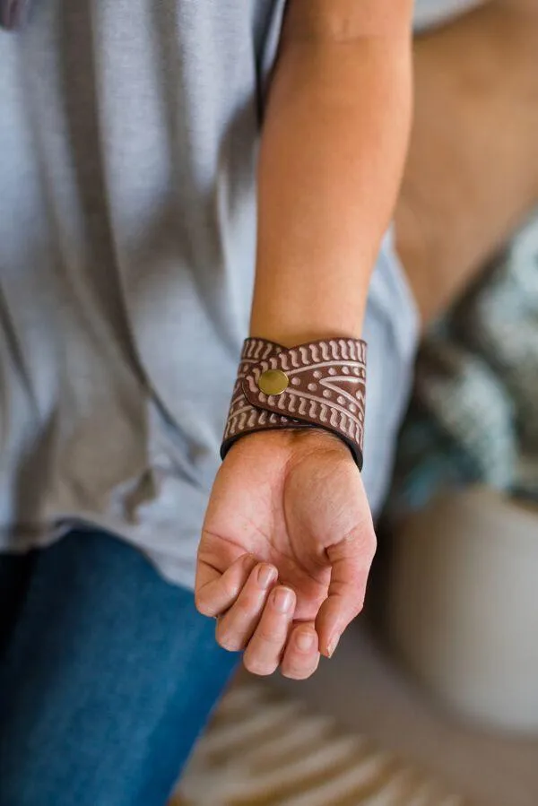 Leather Cuff Bracelet Diamond Shaped Tooled Genuine Cowhide Brass Studded Boho Adjustable Size Snap Closure Cowgirl Bohemian Southwestern