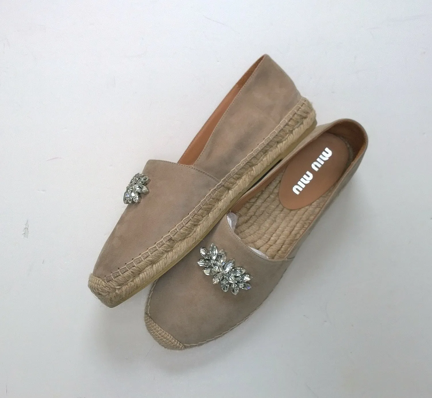 Miu Miu Sand Suede Rhinestone Espadrilles Corda Flats