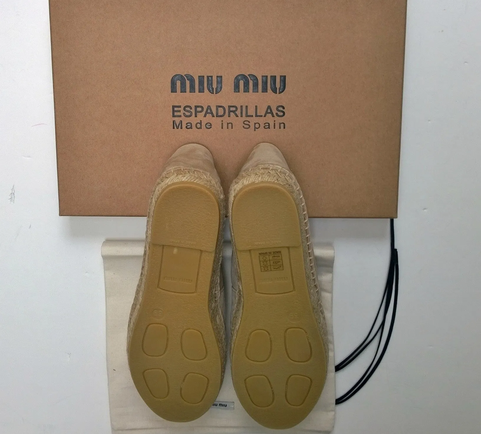 Miu Miu Sand Suede Rhinestone Espadrilles Corda Flats