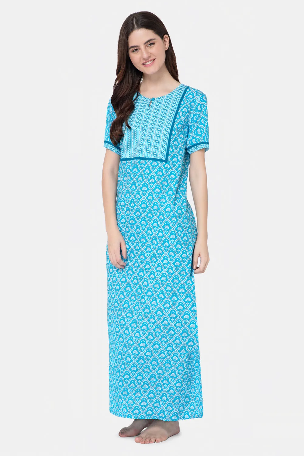 Naidu Hall Round Neck Half Sleeve Pull-On Nighty - Blue - NT20