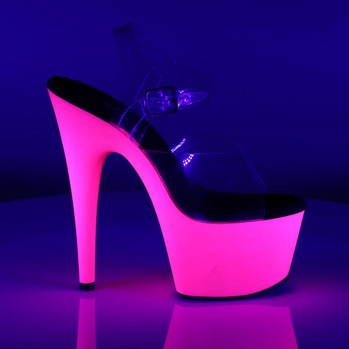 Pleaser Adore-708UV-Clear-Neon Pink-Size 7-Clearance