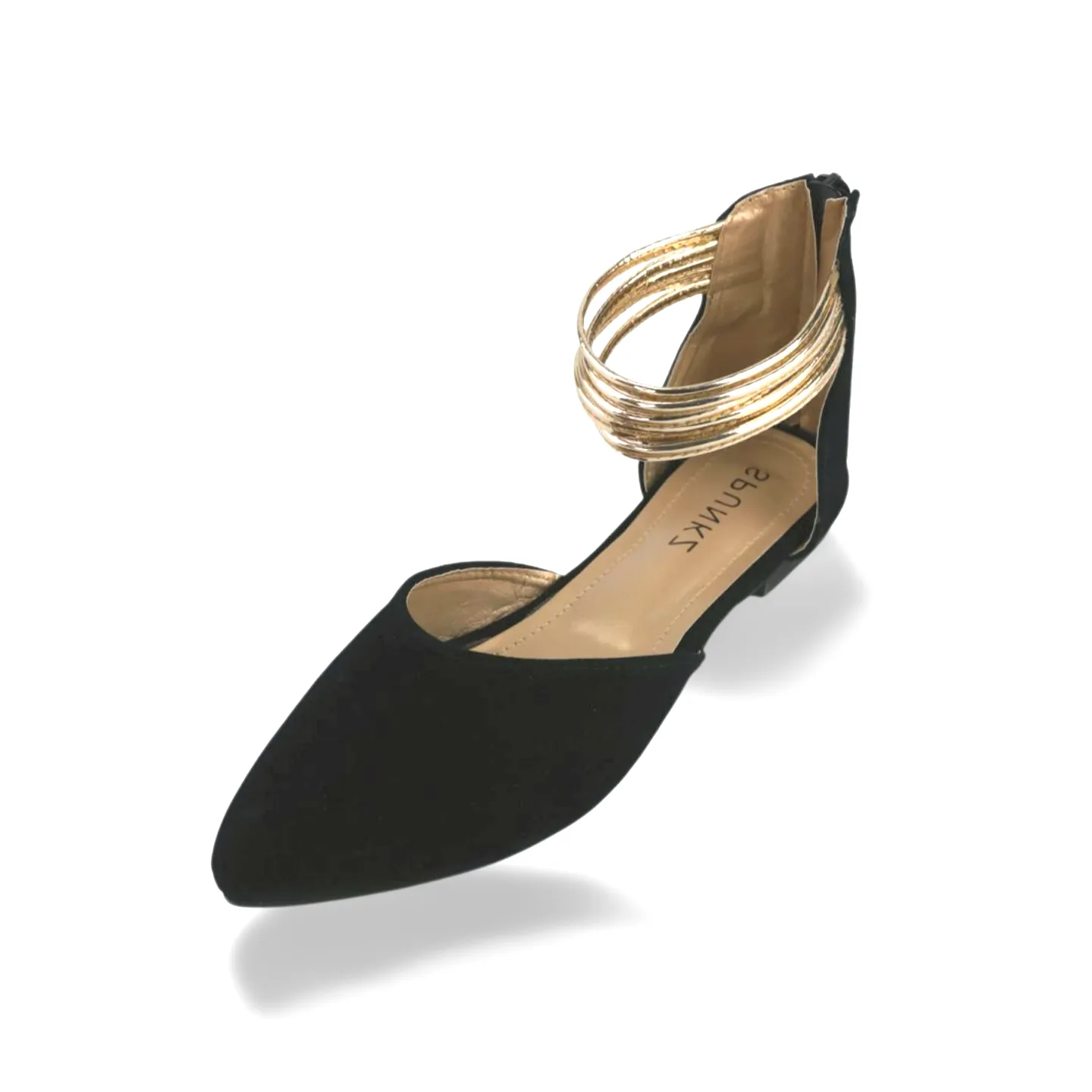 Pointed Toe Flats with Gold Ankle Strap and Zipper