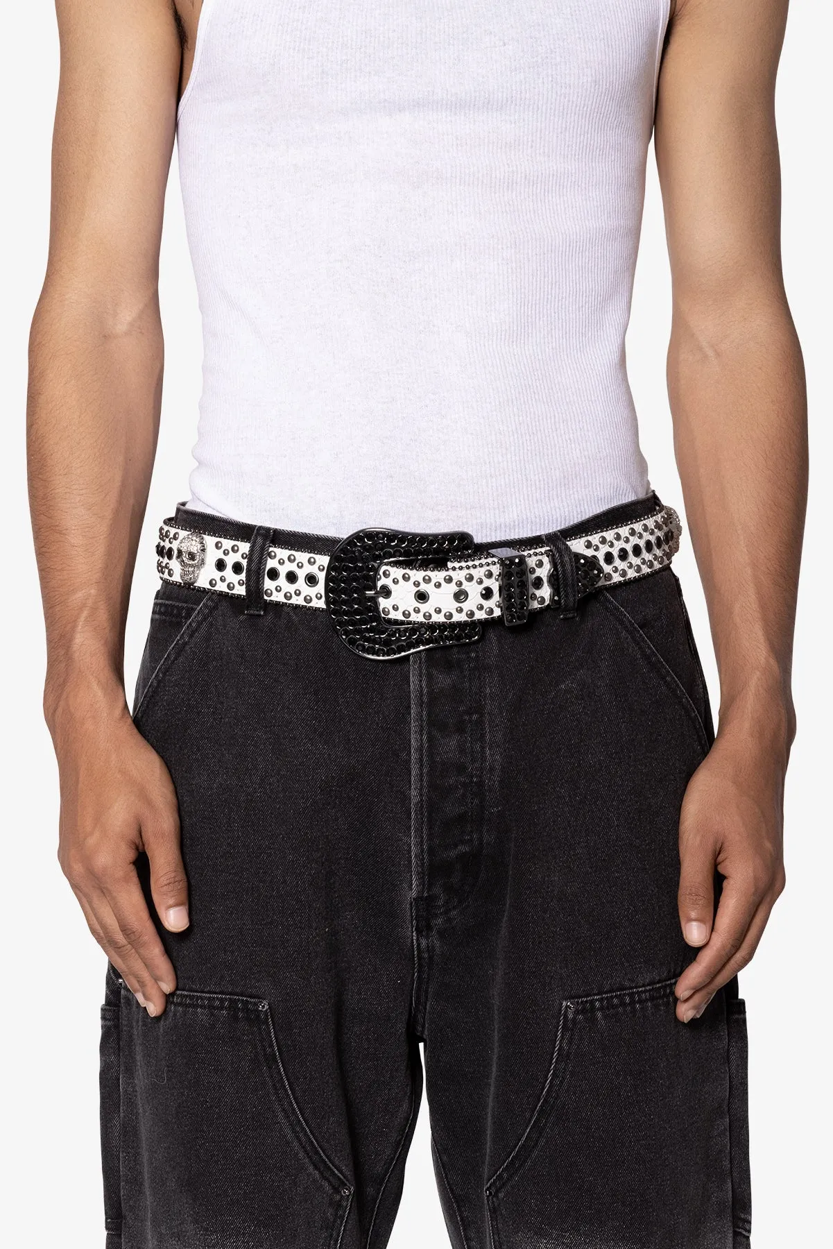 Studded Skull Belt - White