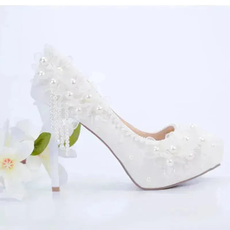 White Lace Flower High Heels Tassel Bridal Wedding Bridesmaid Shoes