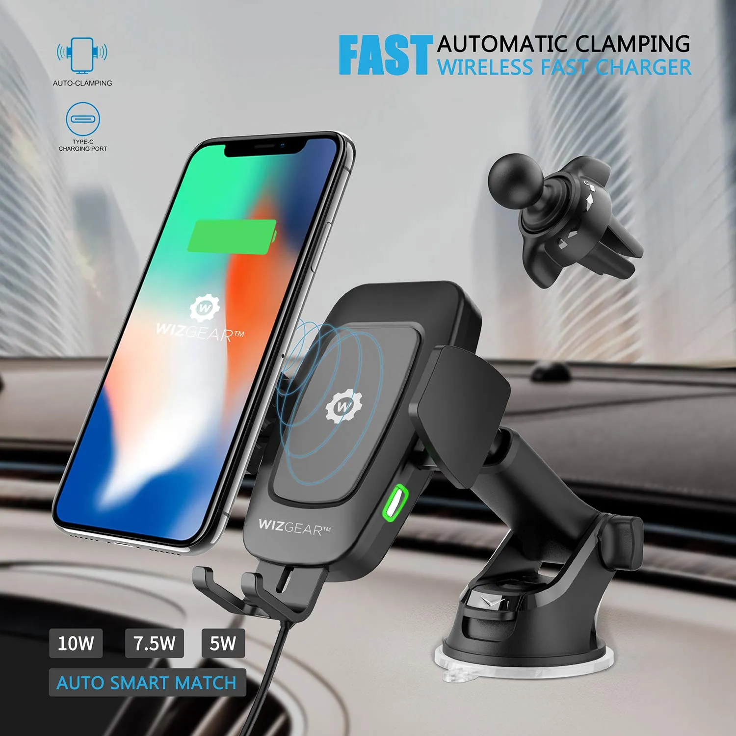 WizGear Automatic Wireless Car Charging Mount, With Telescopic Arm and Aider